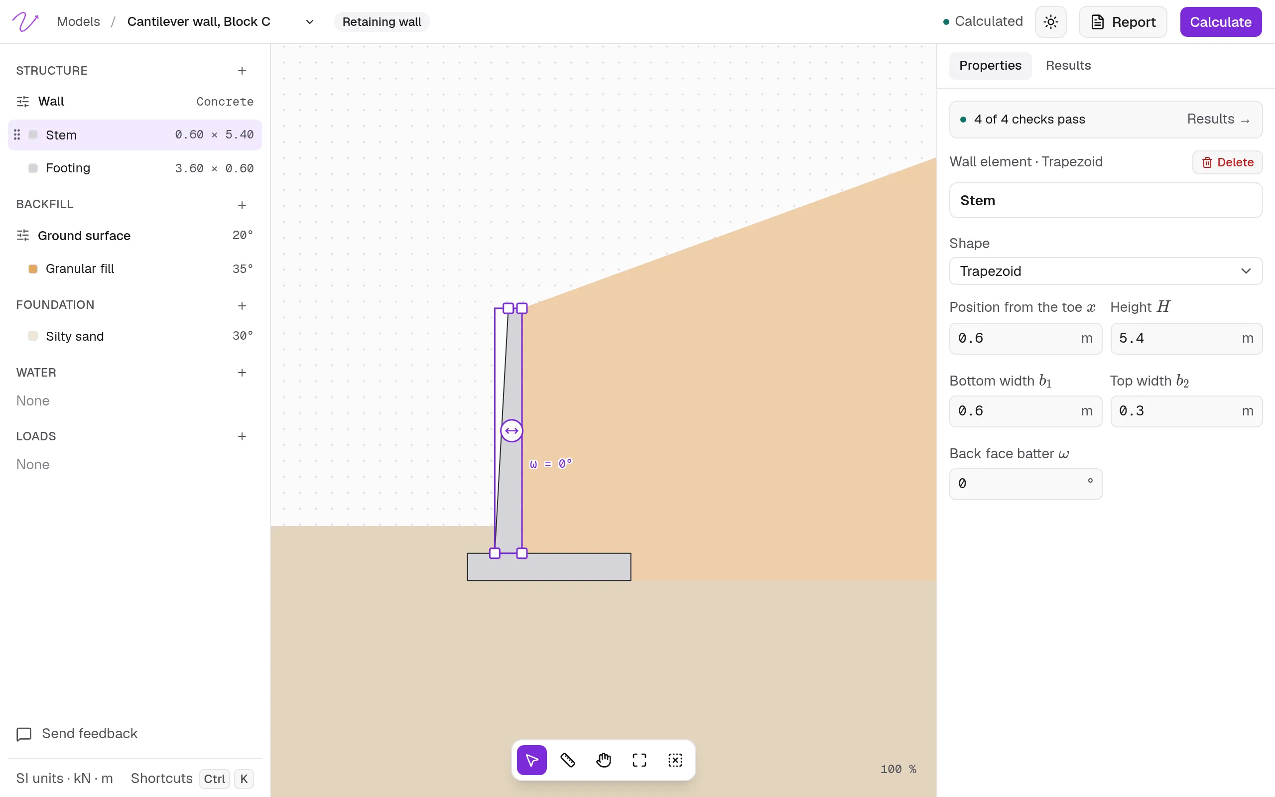 El editor con un muro en voladizo: sus elementos a la izquierda, el vástago seleccionado en el dibujo con sus manijas, y sus propiedades a la derecha