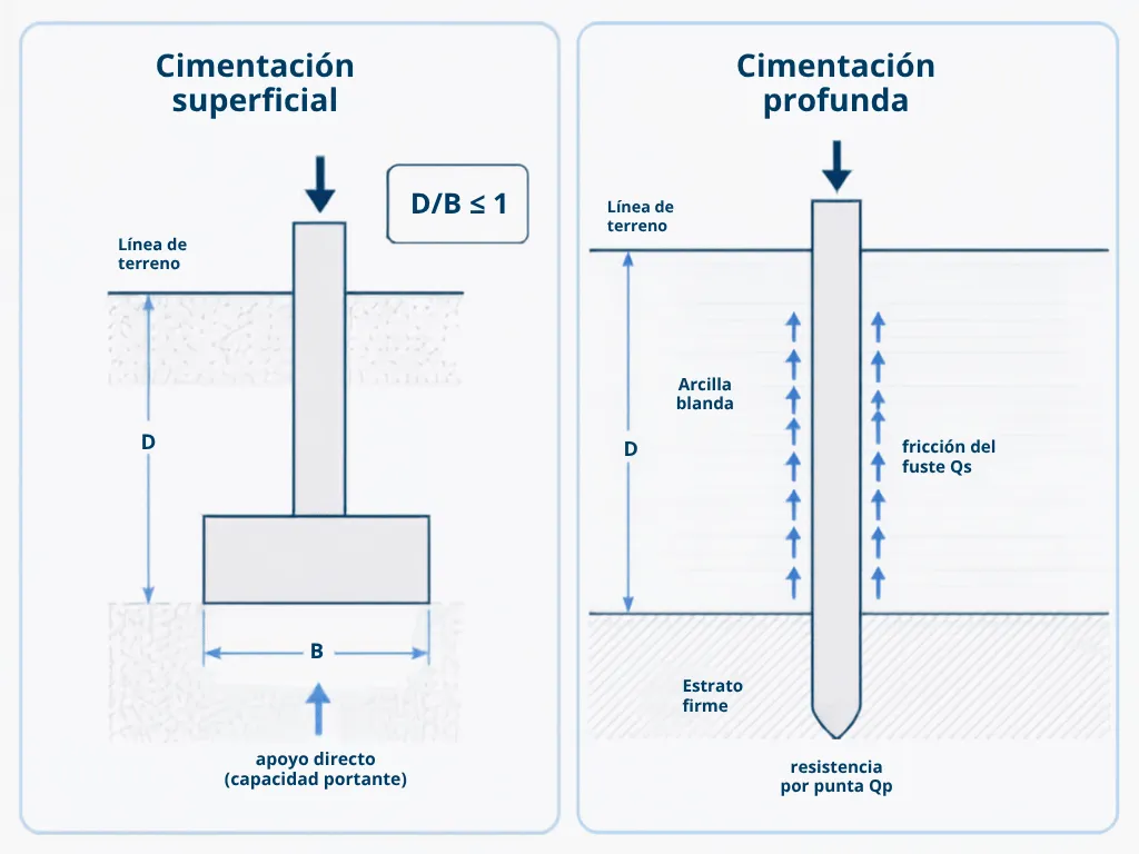 Esquema comparativo entre cimentación superficial y profunda