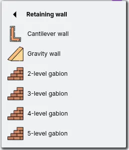 Model gravity walls, cantilever walls, gabions, or custom sections with full geometry control