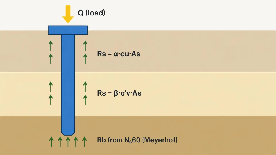 Pile capacity components: shaft friction in clay (alpha method), shaft friction in sand (beta method) and base resistance.