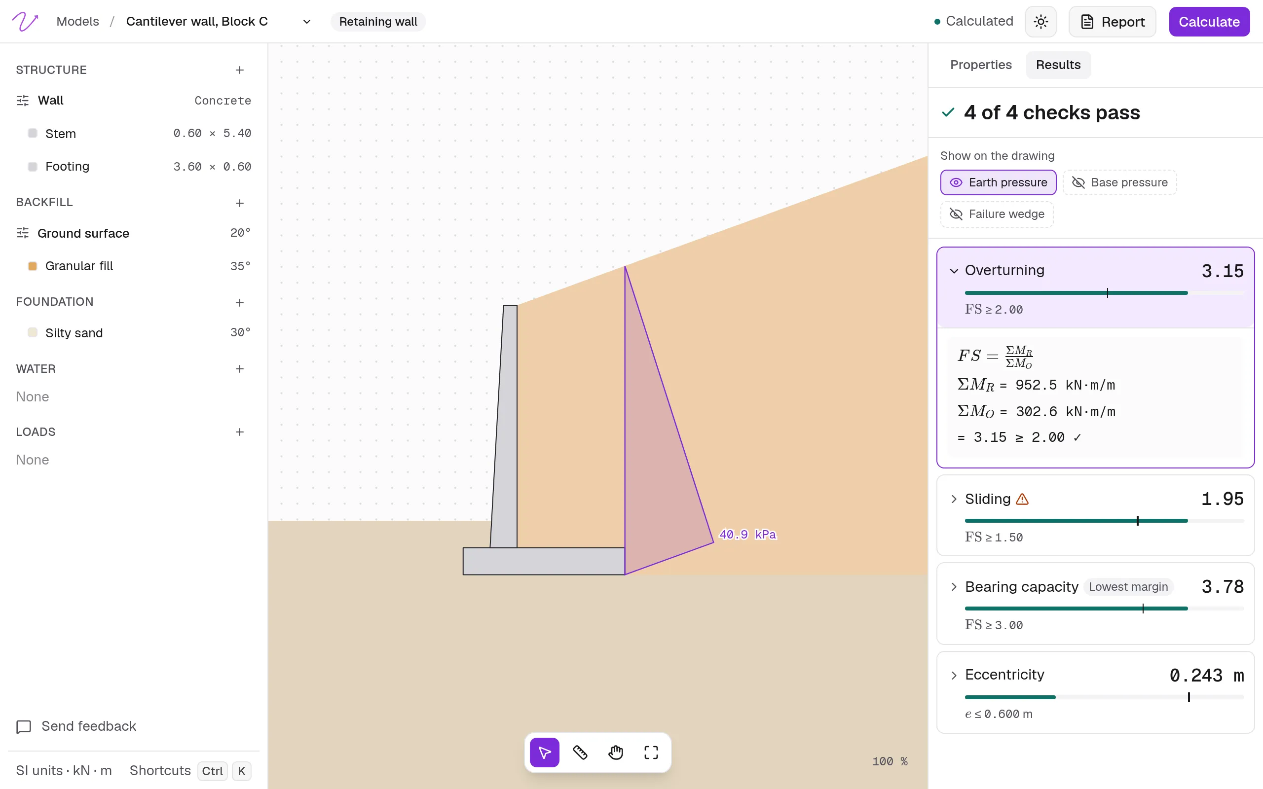 The results of a cantilever wall: 4 of 4 checks pass, the overturning check open with its equation and values, and the earth pressure on the drawing
