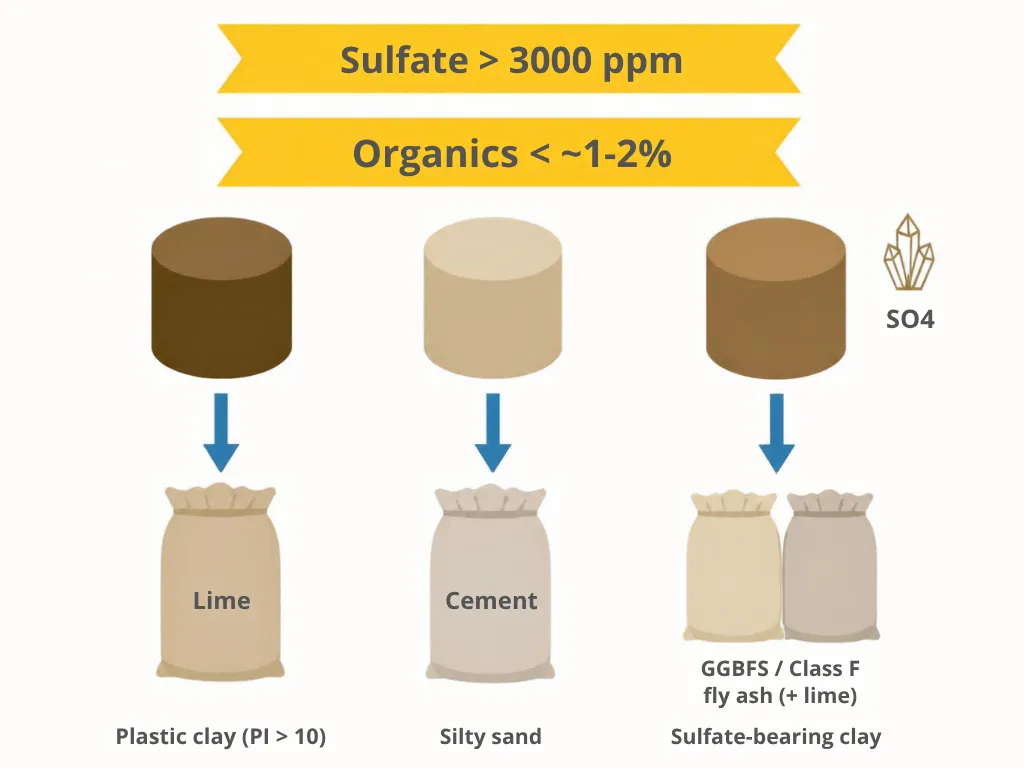 Soil stabilization method selection by soil type: plastic clay points to lime, sandy soil to cement, and sulfate-bearing soil to a slag or fly ash blend