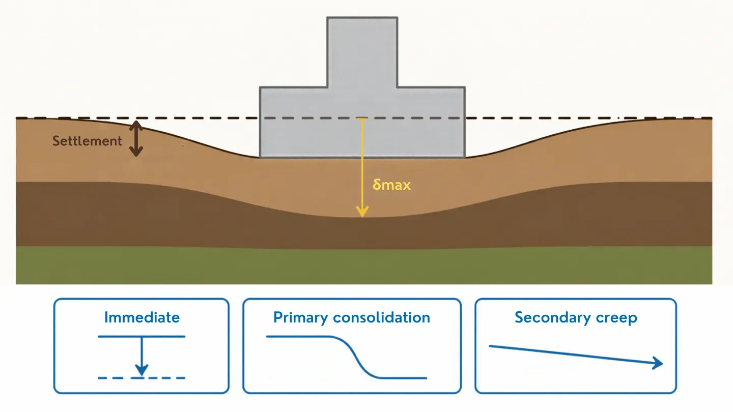 A footing on layered soil with the settlement bowl beneath it and the three settlement components as stage icons: immediate, primary consolidation and secondary creep.